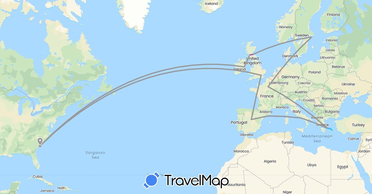 TravelMap itinerary: driving, plane, train, boat in Spain, France, United Kingdom, Greece, Ireland, Italy, Sweden, United States (Europe, North America)